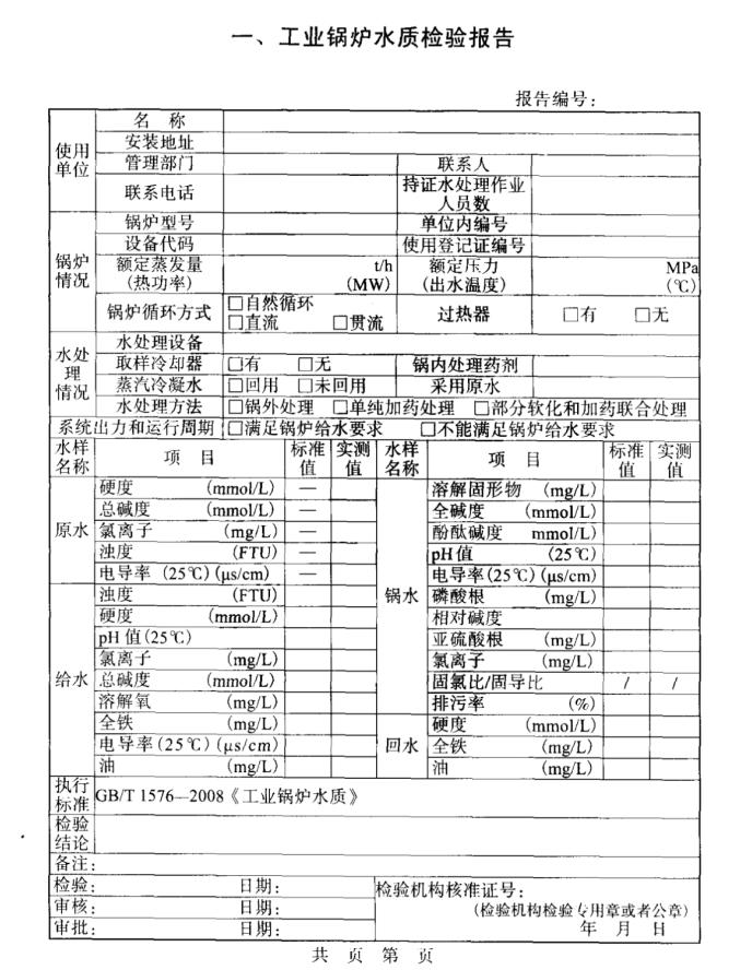 工業(yè)鍋爐水質檢驗報告模板
